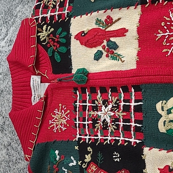 Tiara International Large Christmas Patchwork Cardigan Full Zipper Sweater - Picture 2 of 12